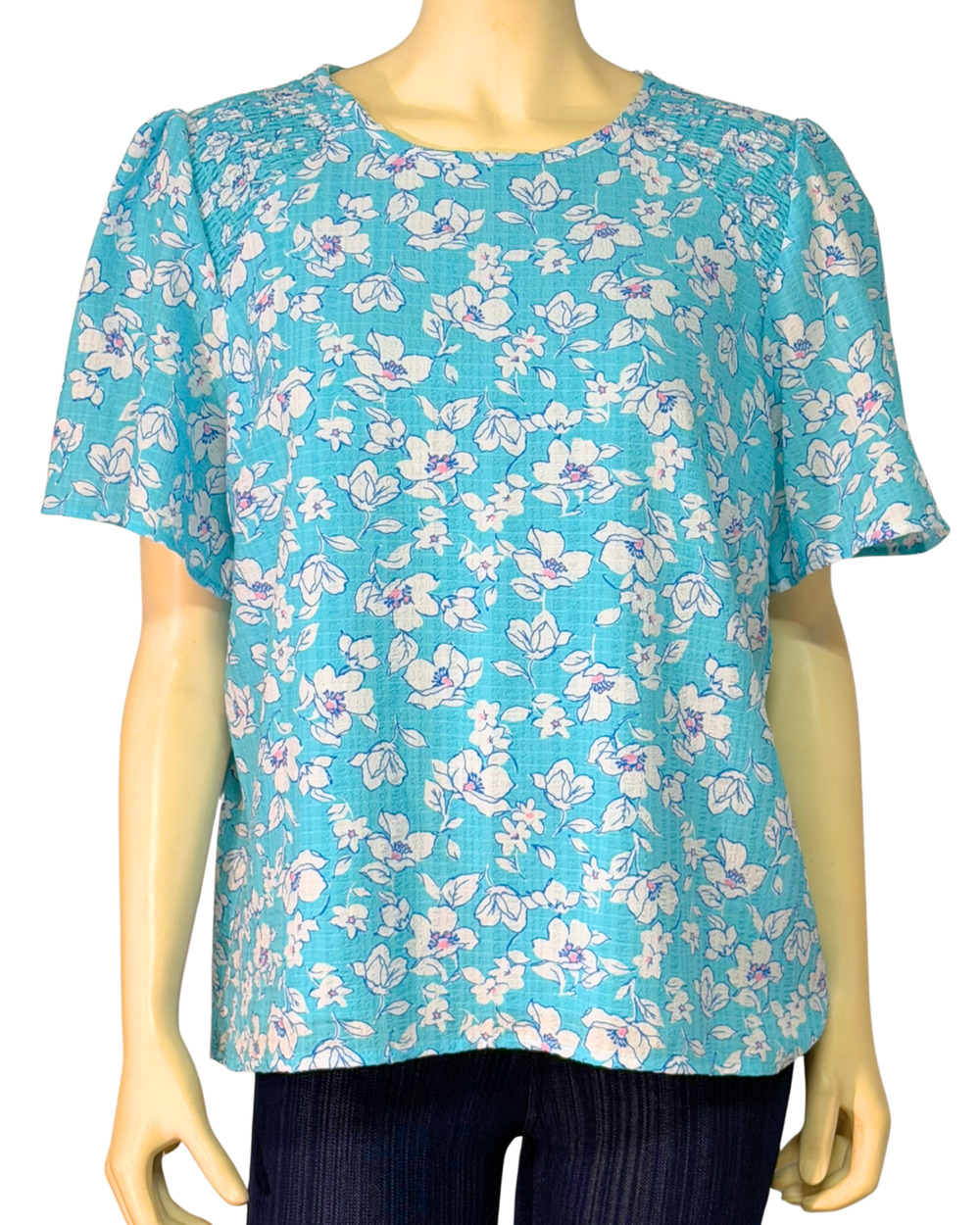 Draper James Sz L Pullover Top Smocked Shoulders Bell Slvs Blue White Floral New